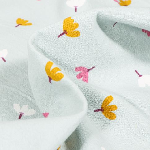 Tissu Coton lavé Petites fleurs colorés sur fond Vert menthe clair