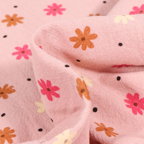 Tissu Coton lavé Pâquerettes colorés sur fond Rose