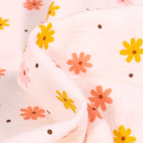 Tissu Coton lavé Pâquerettes colorés sur fond Blanc cassé