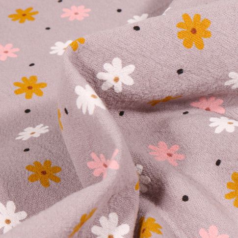 Tissu Coton lavé Pâquerettes colorés sur fond Gris