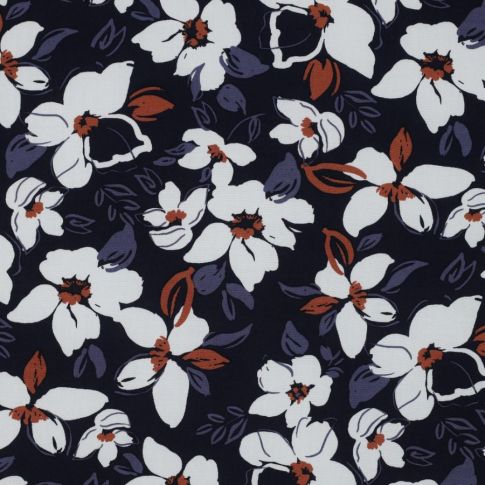 Tissu Viscose imprimé Alma sur fond Bleu marine