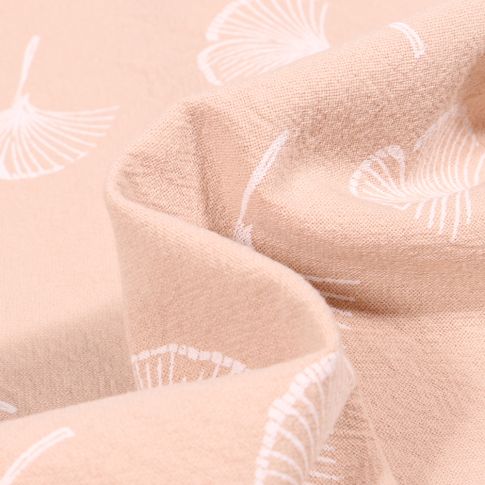 Tissu Coton lavé Feuilles de ginkgo sur fond Beige clair