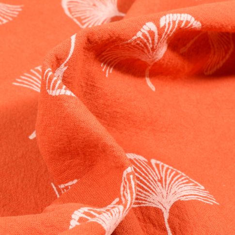 Tissu Coton lavé Feuilles de ginkgo sur fond Orange