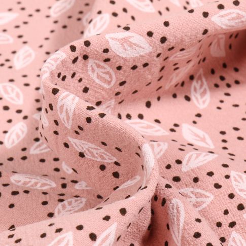 Tissu Coton lavé Feuilles et pois sur fond Rose