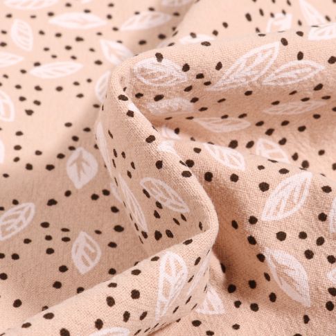 Tissu Coton lavé Feuilles et pois sur fond Beige