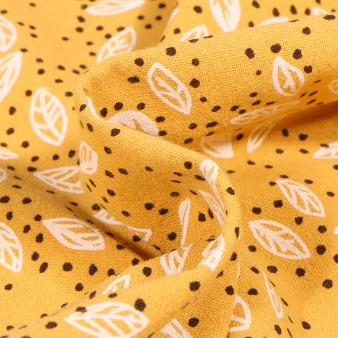 Tissu Coton lavé Feuilles et pois sur fond Jaune