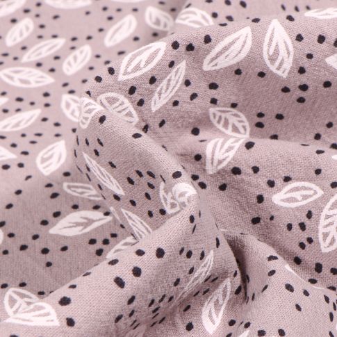 Tissu Coton lavé Feuilles et pois sur fond Gris