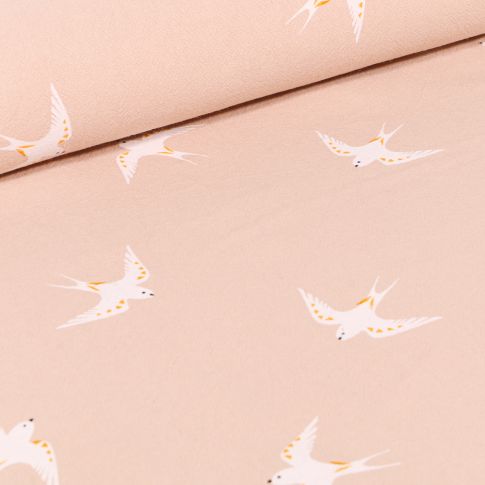 Tissu Coton lavé Hirondelles blanches sur fond Beige