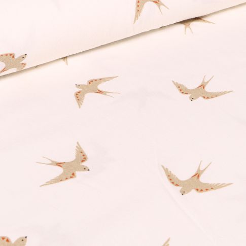 Tissu Coton lavé Hirondelles sur fond Blanc cassé