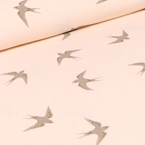 Tissu Coton lavé Hirondelles sur fond Beige