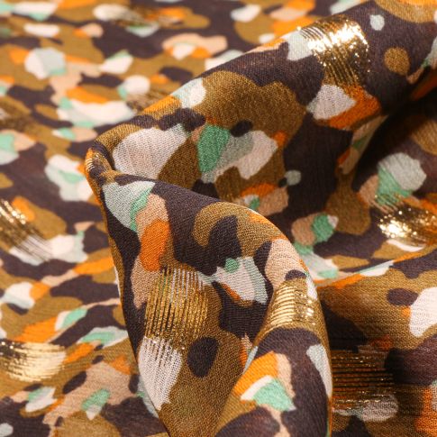 Tissu Mousseline lurex Taches menthe et orange sur fond Noir