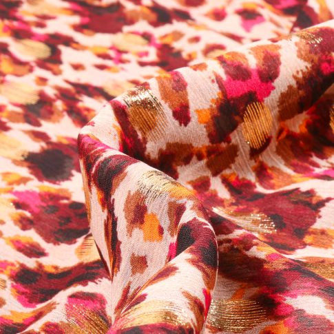 Tissu Mousseline lurex Adrienne rose sur fond Beige