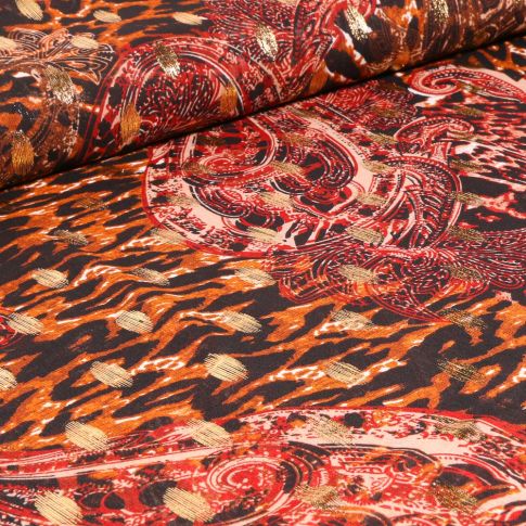 Tissu Mousseline Motifs cachemire lurex sur fond Orange
