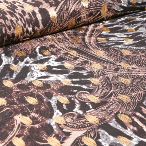 Tissu Mousseline Motifs cachemire lurex sur fond Noir