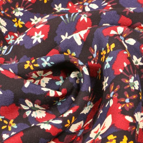 Tissu Viscose Lydia bleu et rouge sur fond Noir