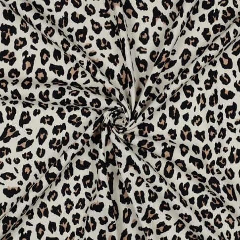 Tissu Viscose Lin imprimé Léopard Noir & Camel sur fond Ecru