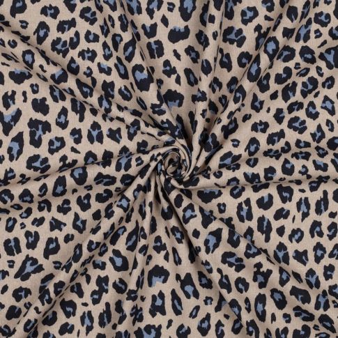 Tissu Viscose Lin imprimé Léopard Noir et Bleu nuit sur fond Beige
