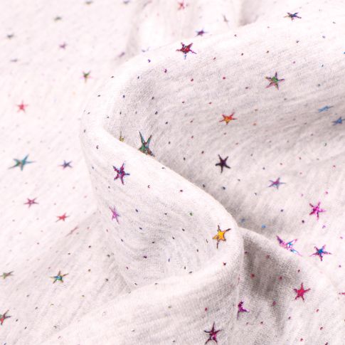 Tissu Sweat envers minky Etoiles métallisées multicolores sur fond Gris chiné