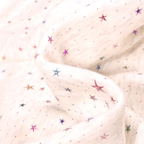 Tissu Sweat envers minky Etoiles métallisées multicolores sur fond Beige chiné