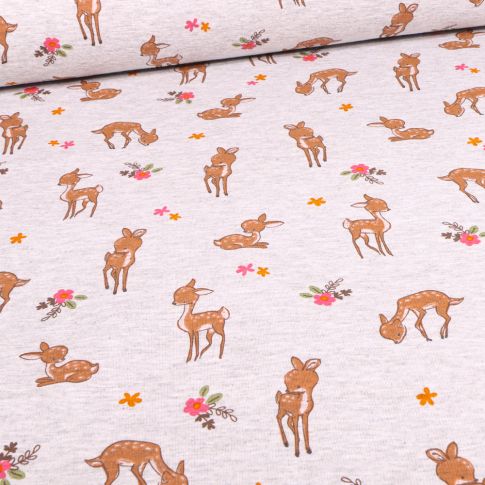 Tissu Sweat envers minky Faons et fleurs sur fond Gris chiné