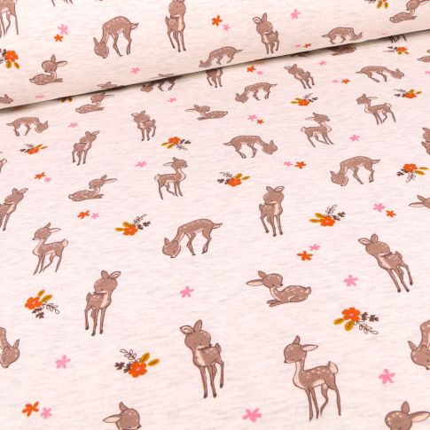 Tissu Sweat envers minky Faons et fleurs sur fond Beige chiné
