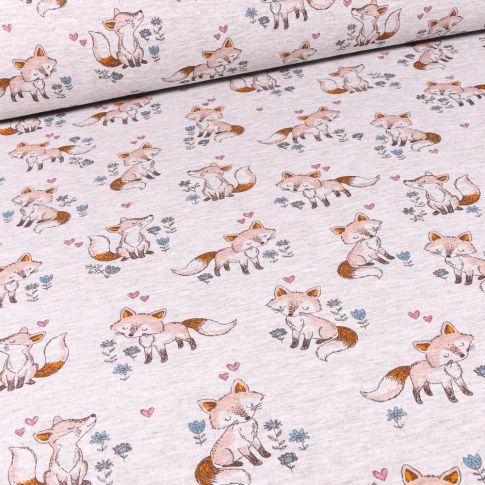 Tissu Sweat envers minky Renards et cœurs sur fond Gris chiné