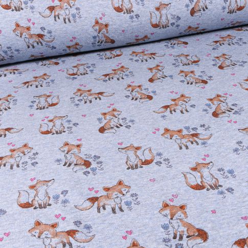 Tissu Sweat envers minky Renards et cœurs sur fond Bleu chiné