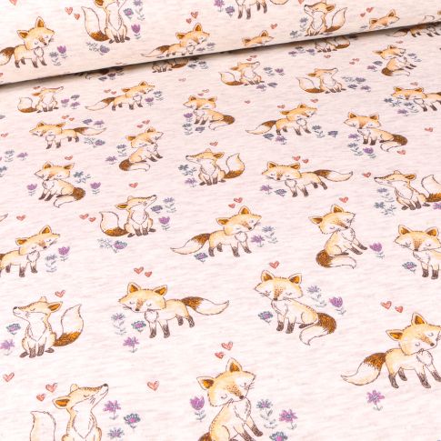 Tissu Sweat envers minky Renards et cœurs sur fond Beige chiné