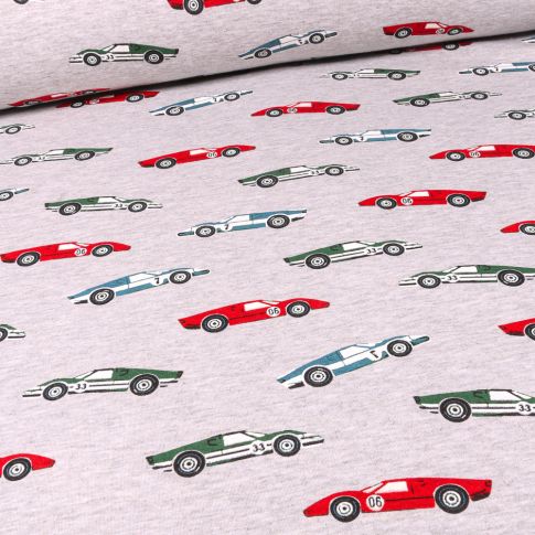 Tissu Sweat envers minky Voitures de collection sur fond Gris chiné