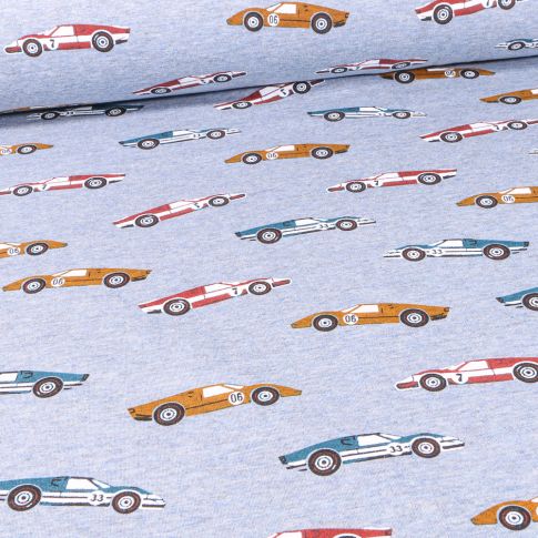 Tissu Sweat envers minky Voitures de collection sur fond Bleu chiné