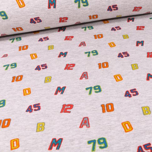 Tissu Sweat envers minky Chiffres et lettres sur fond Gris chiné