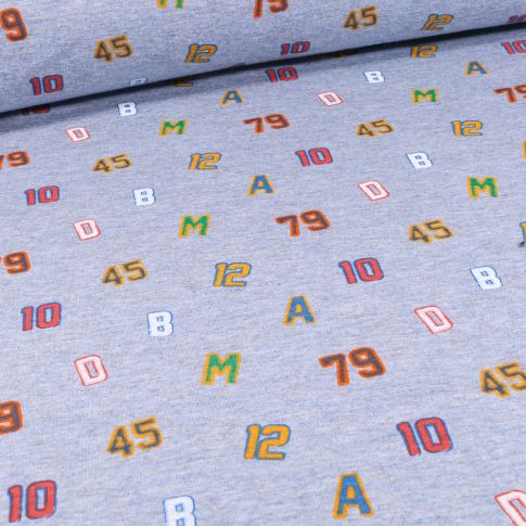 Tissu Sweat envers minky Chiffres et lettres sur fond Bleu chiné