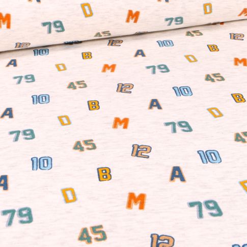 Tissu Sweat envers minky Chiffres et lettres sur fond Beige chiné