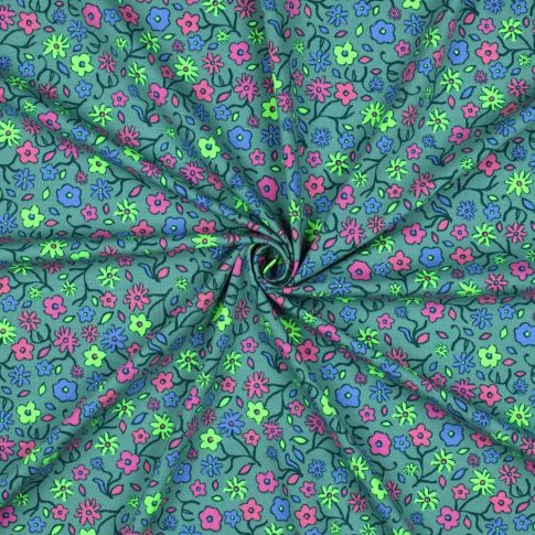 Tissu Jersey Coton imprimé Petites fleurs multicolores sur fond Vert
