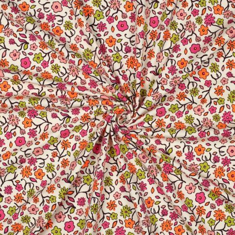 Tissu Jersey Coton imprimé Petites fleurs multicolores sur fond Ecru