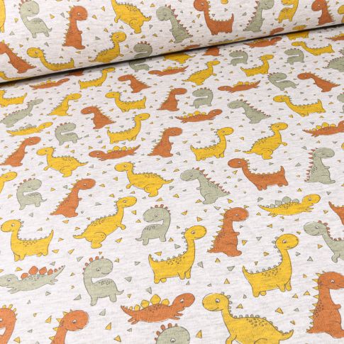 Tissu Sweat envers minky Bio Dino colorés sur fond Gris chiné