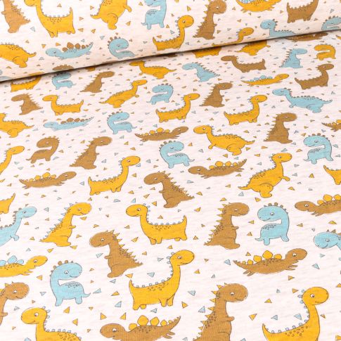 Tissu Sweat envers minky Bio Dino colorés sur fond Beige chiné