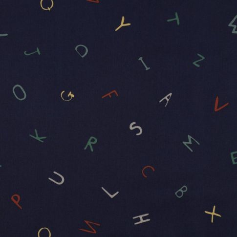 Tissu Coton imprimé Alphabet multico sur fond Bleu marine