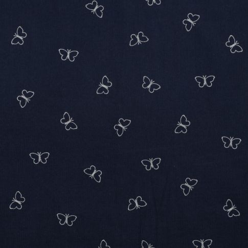 Tissu Velours milleraies Papillons blancs sur fond Bleu marine