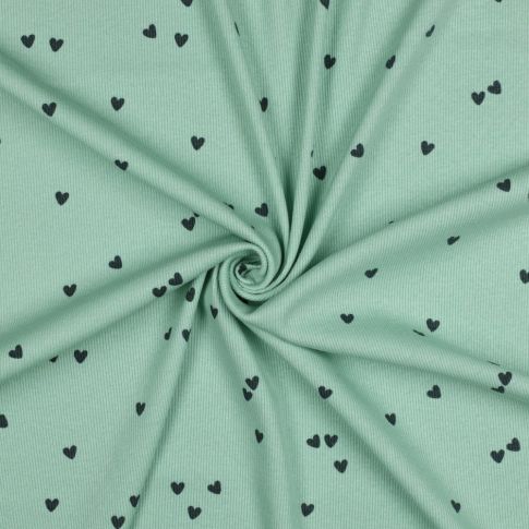 Tissu Jersey Coton côtelé petits coeurs Bleu marine sur fond Vert menthe