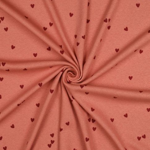 Tissu Jersey Coton côtelé petits coeurs Bordeaux sur fond Terracotta
