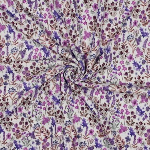 Tissu Jersey Coton côtelé digital jardin sauvage sur fond Ecru