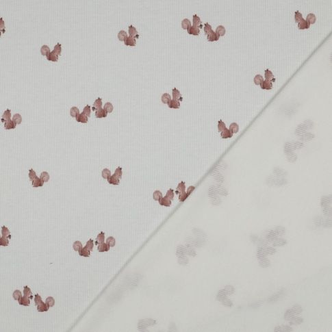 Tissu Jersey Coton côtelé digital Écureuil Rose poudré sur fond Ecru
