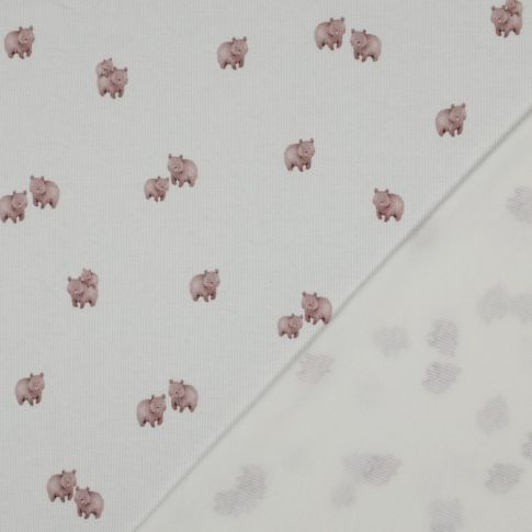 Tissu Jersey Coton côtelé digital Oursons Rose poudré sur fond Ecru