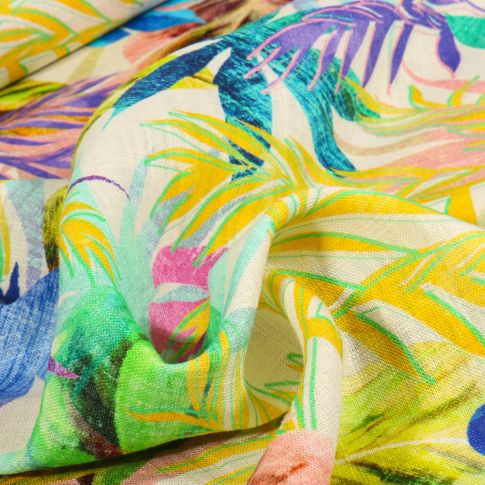 Tissu Viscose Lin Tropica sur fond Ecru