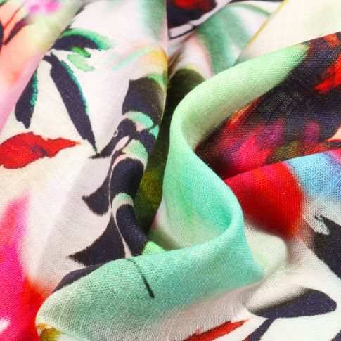 Tissu Viscose Lin Jardin sauvage sur fond Ecru