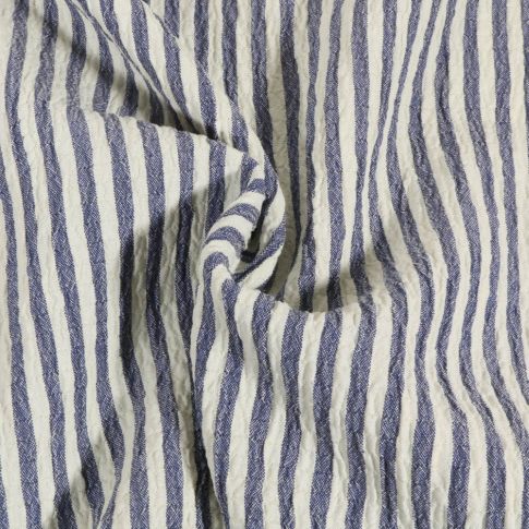 Tissu Seersucker rayé Blanc sur fond Bleu