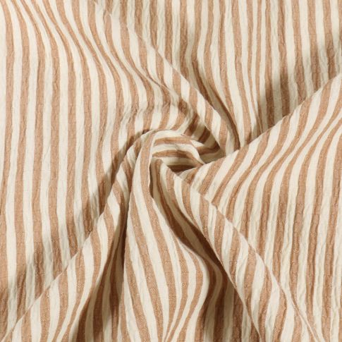 Tissu Seersucker rayé Blanc sur fond Beige