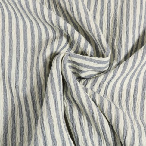 Tissu Seersucker rayé Blanc sur fond Bleu jean