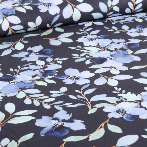 Tissu Coton imprimé Aquaflower sur fond Bleu marine